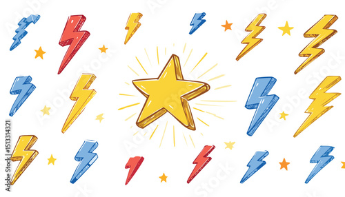 Star and flash doodle scribble icons. Rock and punk lightning, hand drawn line sketch vector. Music thunder crayon cartoon set. Stars and flash fire brush illustration.flash, vector, arrow, blob, 
