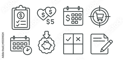 Line style icons of personal finance: purchase planning icon, wishlist with prices, future expense calendar, shopping goal tracker, big purchase countdown, save-to-buy badge, need vs want chart, plan