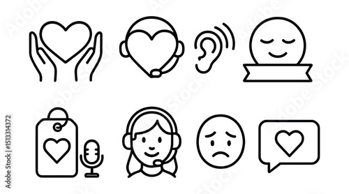 Line style icons of customer service: empathy icon, heart with headset, listening ear symbol, calm reply badge, emotional support tag, kind agent face, client emotion icon, soft tone message.