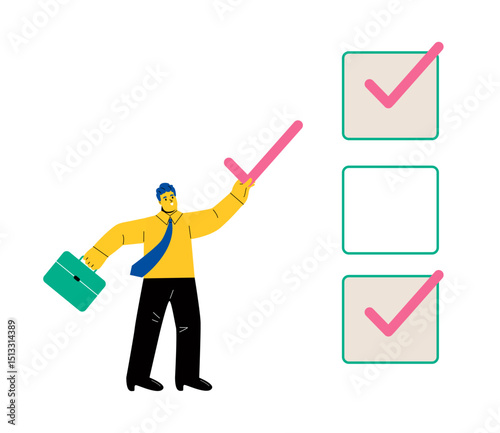 Business man chooses check mark and puts it in the check-list. Flat vector illustration isolated on white