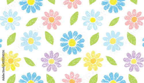 Flower crayon. Pastel chalk pattern. Child vector, spring seamless background. Floral cute kid color wax pattern. Childish pencil flower.flower, children, colourful, graphic, pastel, repeat, 