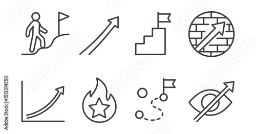 Line style icons of goals and achievements: personal growth path, rising arrow icon, goal staircase symbol, breakthrough wall badge, upward curve chart, motivation fire icon, upward journey map,