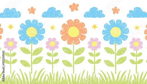 Flower crayon. Pastel chalk pattern. Child vector, spring seamless background. Floral cute kid color wax pattern. Childish pencil flower.flower, children, colourful, graphic, pastel, repeat, 