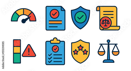 Flat vector icons of risk and compliance: risk meter, compliance document, shield with check, legal policy, threat level, audit checklist, security standards, regulation icon.