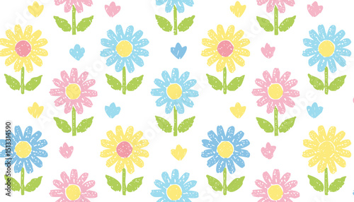 Flower crayon. Pastel chalk pattern. Child vector, spring seamless background. Floral cute kid color wax pattern. Childish pencil flower.flower, children, colourful, graphic, pastel, repeat, 