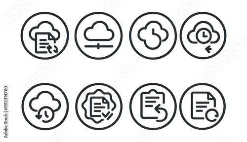 Line style icons of cloud technology: file versioning symbol, time slider in cloud, backup history ring, previous version icon, restore from cloud, auto-save cycle, version comparison badge, file
