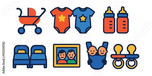 Flat vector icons of seasonal baby gear: winter snowsuit, summer sunhat, rain boots, waterproof jacket, mittens, fleece blanket, sunshade, mosquito net.