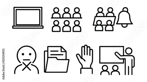 Line style icons of classroom dynamics: chalkboard icon, seating arrangement, group work table, classroom bell, quiet symbol, homework folder, participation hand, student presentation.