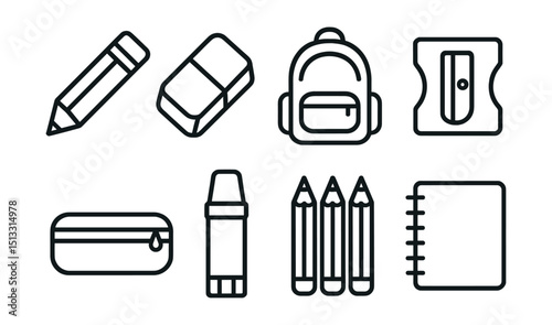 Line style icons of school supplies: pencil, eraser, backpack, sharpener, pencil case, glue stick, colored pencils, notebook.