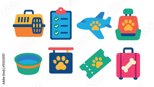 Flat vector icons of travel with pets: pet carrier, travel checklist, airplane paw icon, car pet seat, travel bowl, hotel paw sign, pet ticket, suitcase with bone.