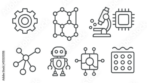 Line style icons of nanotechnology: nano gear, atomic grid icon, microscope with nano particles, nano chip, molecular structure, tiny robot, nano circuit, material surface icon.