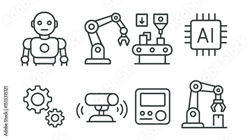 Line style icons of robotics: humanoid robot, robotic arm, automation system, AI chip, mechanical gears, movement sensors, control unit, assembly bot.