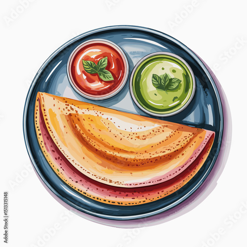 Rava Dosa with Red and Green Chutneys on Blue Plate