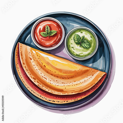 Rava Dosa with Red and Green Chutneys on Blue Plate