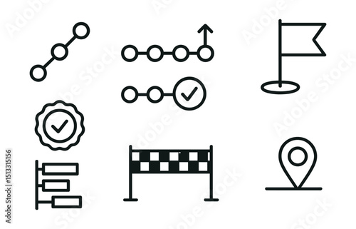 Line style icons of project milestones: progress steps, timeline icon, stage completion check, goal checkpoint flag, milestone badge, Gantt chart icon, finish line, phase marker.