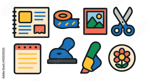 Flat vector icons of scrapbooking: scrapbook page, washi tape, printed photo, scissors icon, journaling card, paper punch, glue roller, themed sticker.