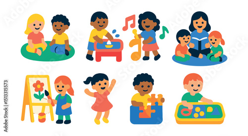 Flat vector icons of children’s activities: playgroup icon, water play, musical time, story circle, painting class, dance day, puzzle time, activity tray.