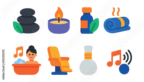Flat vector icons of spa and relaxation: spa stone stack, aromatherapy candle, essential oil, hot towel, relaxing bath, massage chair, herbal compress, calming music.