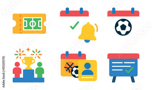 Flat vector icons of sports events and calendars: event ticket, match calendar, reminder bell, match day icon, opening ceremony, sports weekend, registration icon, schedule board.