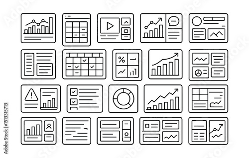 Line style icons of social dashboards and control panels: analytics dashboard, post scheduler, media overview, engagement chart, insights panel, content queue, calendar board, performance tile,