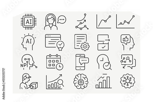 Line style icons of artificial intelligence in business innovation: AI engine, smart assistant, machine learning icon, data prediction, AI insight, recommendation model, automated summary, smart
