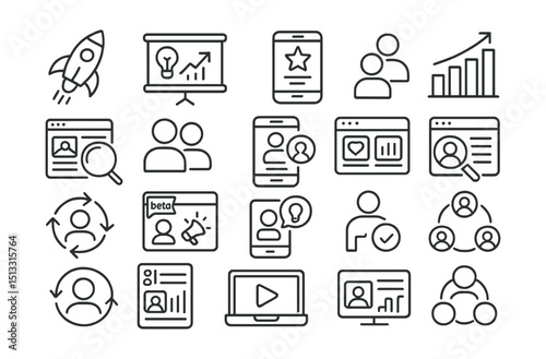 Line style icons of startup social platforms: startup logo, pitch deck icon, MVP launch, growth chart, product testing, early users, app interface, startup metrics, social pivot, beta version,