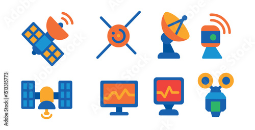 Flat vector icons of satellites and probes: communication satellite, orbiting probe, dish antenna, space scanner, solar panel wings, tracking satellite, telemetry icon, deployed instrument.