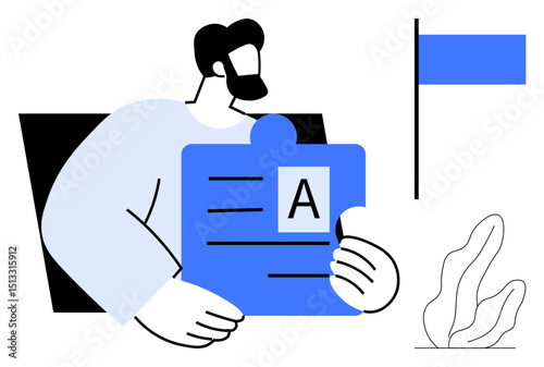 Man holding large puzzle piece containing text, nearby waving flag, and small plant. Ideal for teamwork, problem solving, goals, education, collaboration, creativity simple landing page