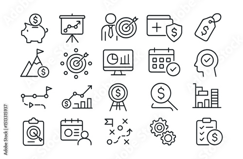 Line style icons of financial planning and goals: savings goal icon, long-term plan, retirement strategy, emergency fund plan, vacation fund tag, financial milestone, SMART goal for finance, planner
