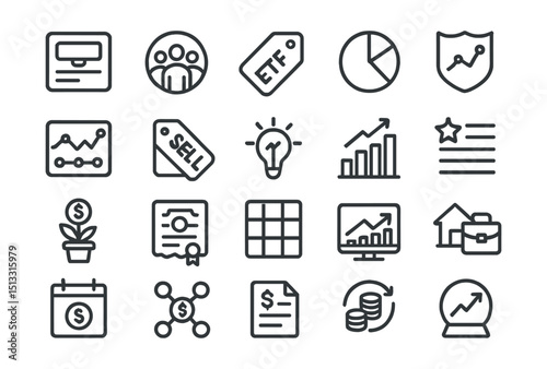 Line style icons of investment and portfolio tracking: portfolio card, mutual fund icon, ETF tag, asset allocation chart, risk profile badge, stock ticker icon, buy/sell tag, investment insight icon,