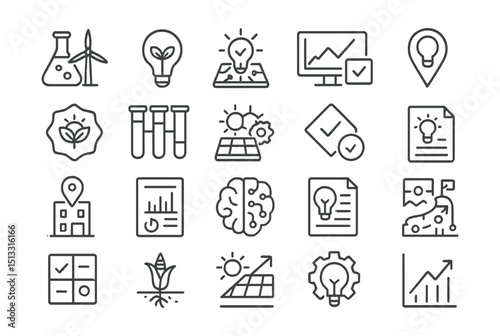 Line style icons of clean tech innovation and R&D: clean energy lab, idea bulb with leaves, sustainable prototype, test result dashboard, innovation center tag, climate tech badge, R&D pipeline,