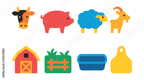 Flat vector icons of livestock farming: cow, pig, sheep, goat, livestock barn, pasture, water trough, animal tag.