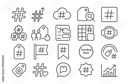 Line style icons of social media hashtags and topics: hashtag icon, trending tag, post topic cloud, discover tag tile, hashtag generator, hashtag group icon, niche topic icon, tag list UI, explore