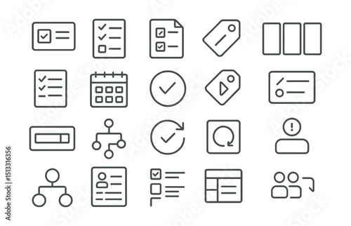 Line style icons of task management and productivity: task card icon, checklist layout, action item sheet, sprint task tag, kanban column, to-do list tile, daily task tracker, task status badge, tag