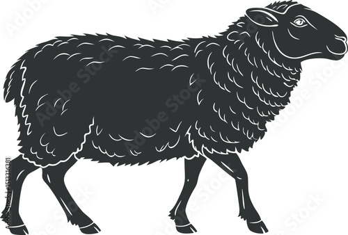 Stylized Black Silhouette of a Sheep with Fluffy Coat and Alert Expression – Simple and Elegant Design Focusing on Shape and Form, sheep isolated on white