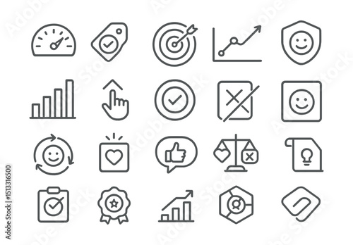 Line style icons of time-well-spent and positive tech metrics: session quality meter, impact per hour tag, goal alignment tracker, time value graph, user satisfaction badge, progress per screen tile,