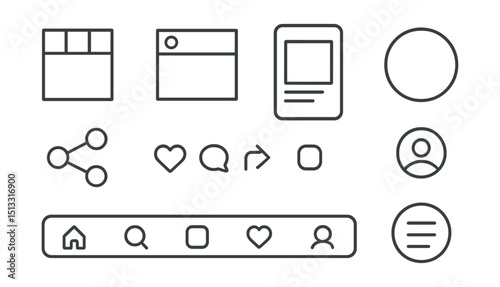 Line style icons of social media: interface layout icon, post composer frame, feed scroll panel, story viewer ring, share menu icon, reactions bar layout, navigation tab strip, profile menu toggle.