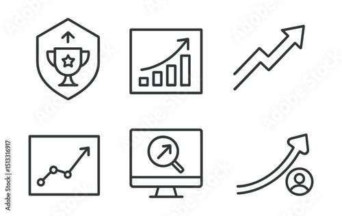 Line style icons of social media: platform growth badge, reach increase graph, trending momentum arrow, viral reach timeline, growth hacking screen, follower curve view.