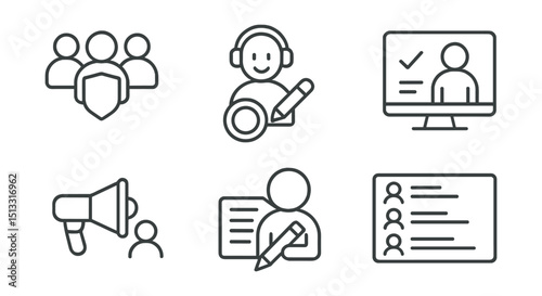 Line style icons of social media: social media team icon, community manager badge, content writer symbol, moderator panel screen, outreach role tag, creative squad layout, group roles board.