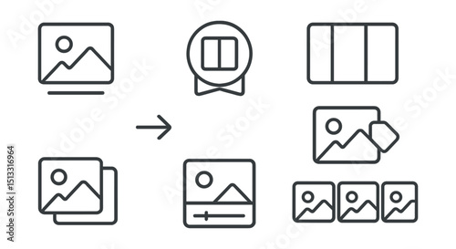 Line style icons of social media: gallery post icon, carousel viewer badge, multiple media layout, swipe left indicator, album cover screen, grouped post tag, photo set preview.