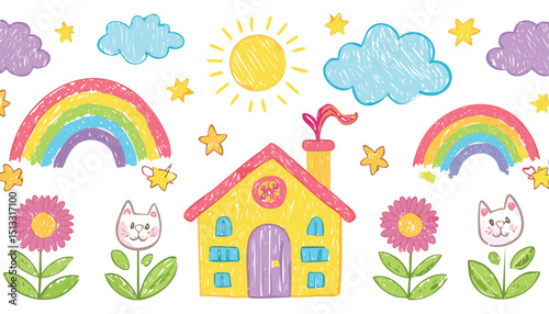 Cute kid crayon hand drawn icon background. Summer children pencil bg. Cute school sketch. Color cloud house, flower, rainbow sun, cat. Vector kid pencil illustration. children, brush, butterfly, 
