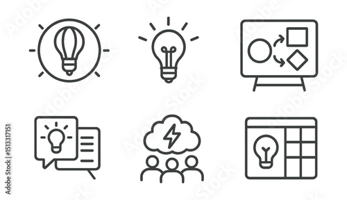 Line style icons of project management: creativity hub icon, idea spark badge, concept sketch board, design thinking flow, creative input card, brainstorming session layout, visual exploration screen