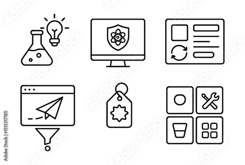 Line style icons of project management: innovation lab icon, R&D screen badge, test & iterate layout, pilot project panel, breakthrough tag, innovation funnel view, next-gen tools grid.