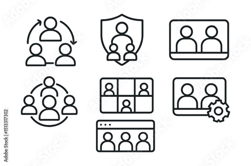 Line style icons of business innovation: team synergy icon, role alignment badge, co-founders screen, contributor circle layout, responsibility grid, skill-based pairing card, virtual squad panel.