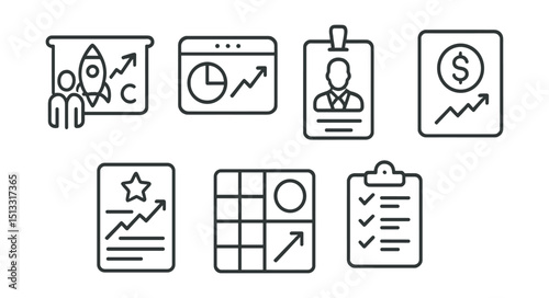 Line style icons of business innovation: startup pitch icon, elevator deck screen, investor badge layout, ROI forecast panel, pitch metrics card, opportunity scoring grid, VC checklist tracker.