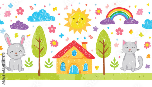 Cute kid crayon hand drawn icon background. Summer children pencil bg. Cute school sketch. Color cloud house, flower, rainbow sun, cat. Vector kid pencil illustration. children, brush, butterfly, 