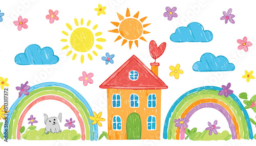 Cute kid crayon hand drawn icon background. Summer children pencil bg. Cute school sketch. Color cloud house, flower, rainbow sun, cat. Vector kid pencil illustration. children, brush, butterfly, 