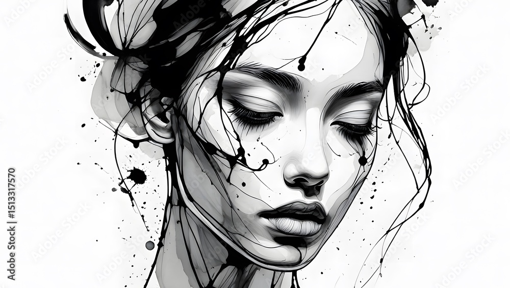 Abstract Ink Brush Portrait of a Woman – Monochrome Artistic Illustration Abstract Ink Brush Portrait of a Woman – Monochrome Artistic Illustration