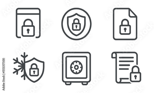 Line style icons of cybersecurity and privacy: secure archive icon, long-term storage badge, encrypted archive file, cold storage symbol, vault panel layout, historical data lock, compliance archive
