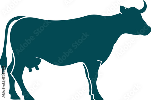 Silhouette of a Cow in Teal with Distinct Horns, Curved Back, and Visible Udder – Elegant Profile Design for Farm and Animal Themed Websites, black and white bull